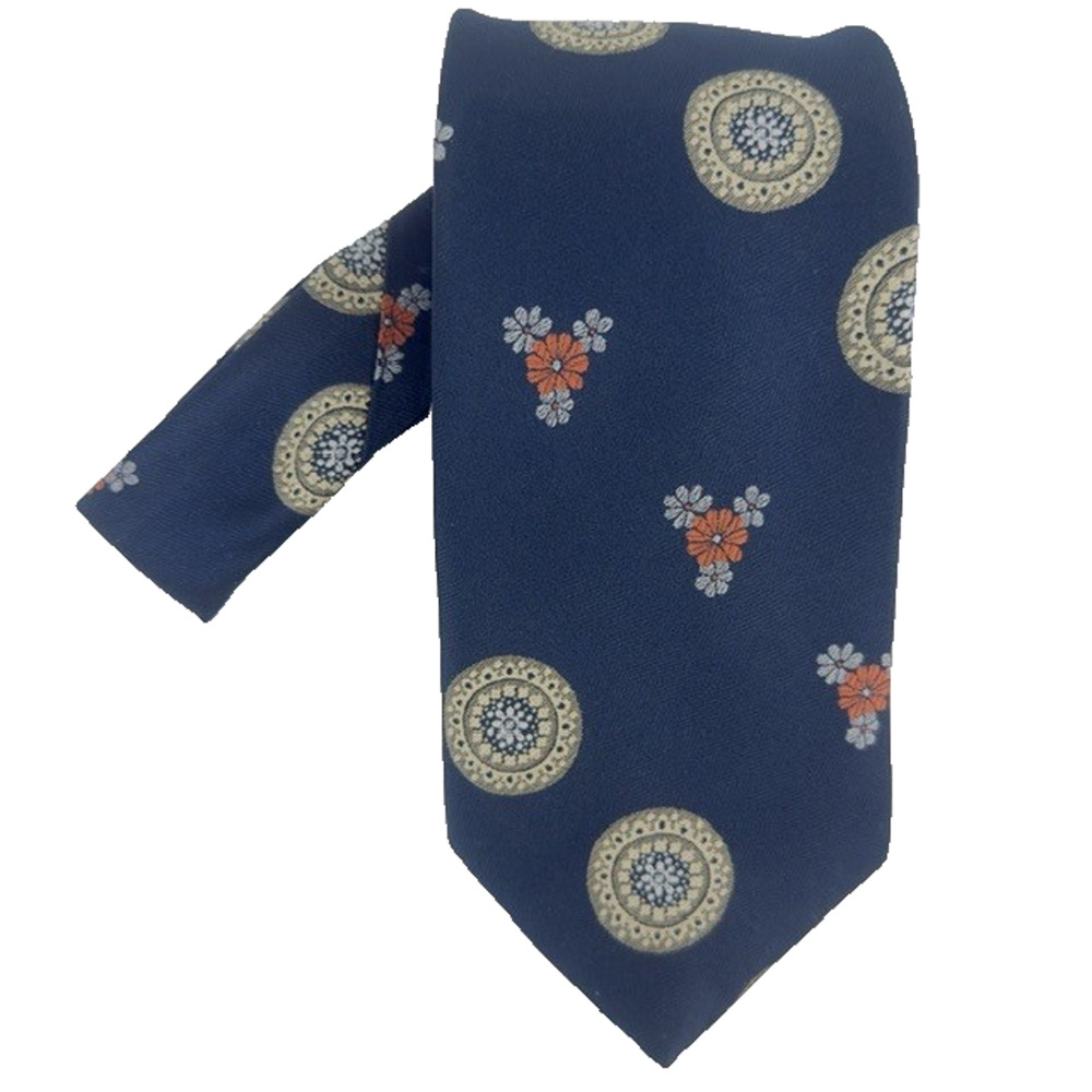 Damon Necktie Navy w/Floral Disk & Bouquets Union Made USA Preppy Business VTG